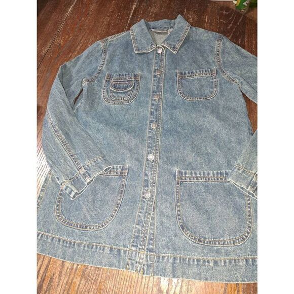 Small Size 4 Chicos Size 0 Long Sleeve Button Front Denim Blue Jean Jacket - Picture 3 of 6